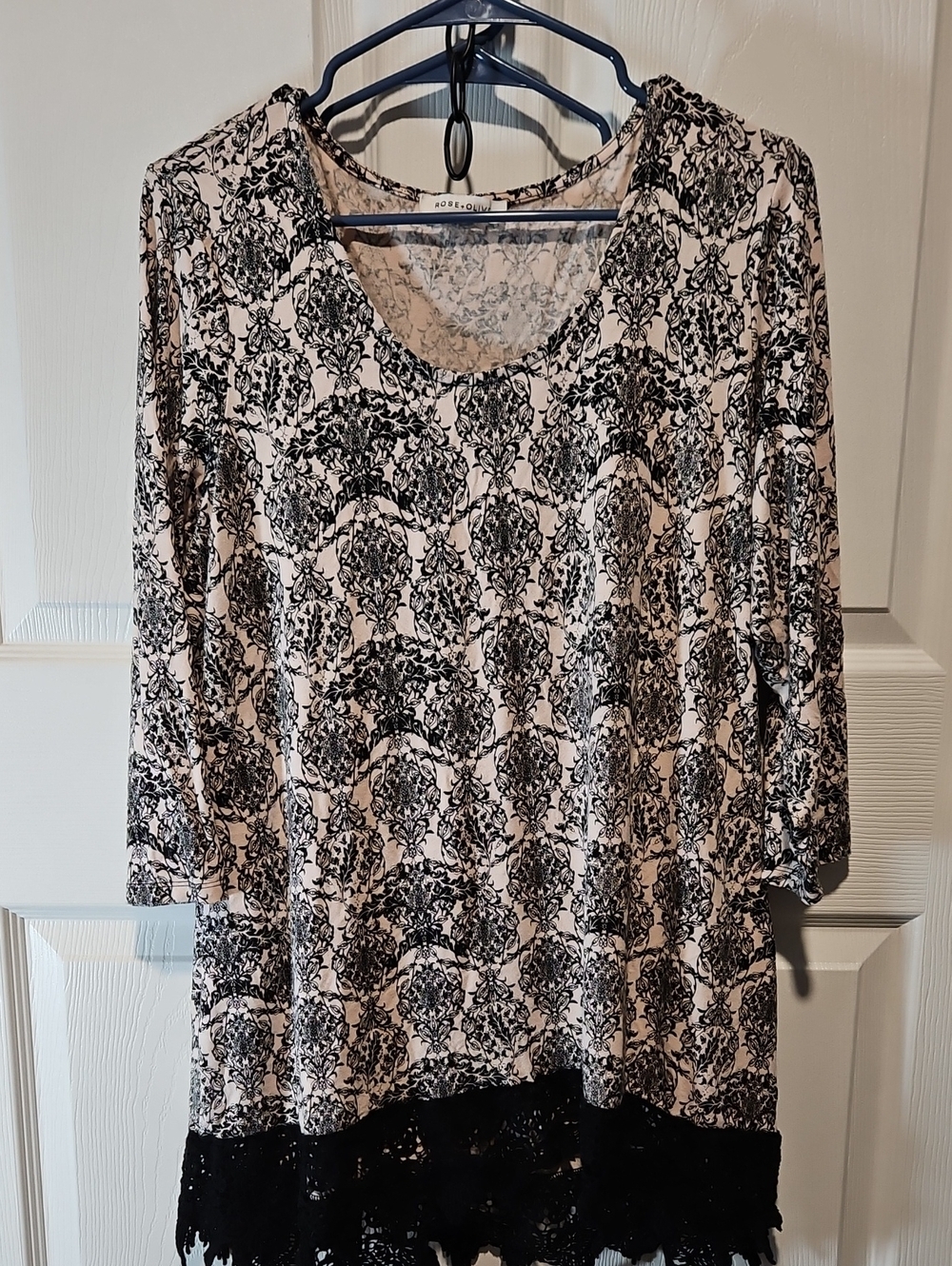 Rose & Olive Light Pink Tunic with Black Damask Print and Lace Hem